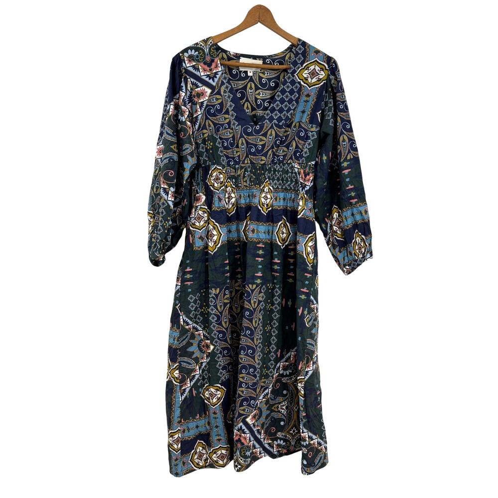 Cara Cara Boho Midi Maxi Dress Size M Smocked Pockets Indie Bohemian Long Sleeve